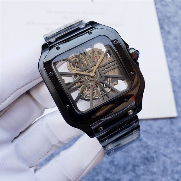 

dropshipping luxury mens watches square skeleton 39mm size watch all stainless steel casual business vk quartz designer wristwatch sapphire, Slivery;brown