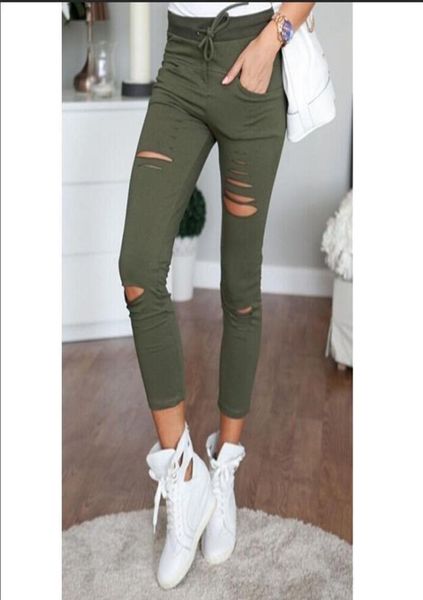 

women denim pants ripped knee cut jeans faded slim fit lady skinny leggings hole high waist pencil pants8953379, Blue