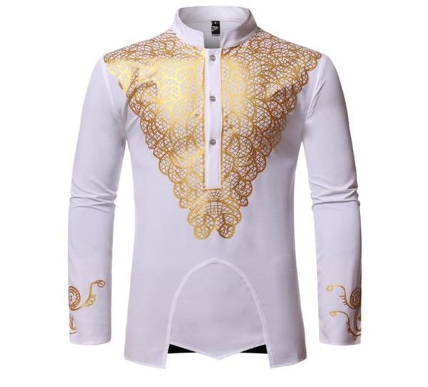 

ethnic clothing mens african dashiki dress shirts luxury metallic gold printed mandarin collar shirt men streetwear casual clothes8639332, Red