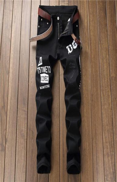 

2019 new fashion men039s black stretch jeans letter printing ripped denim jeans male straight slim nightclub pants printing3695801, Blue