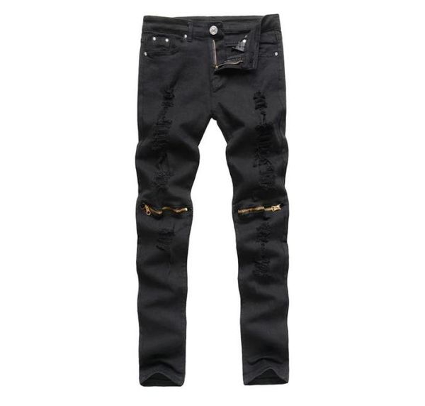 

men ripped knee hole zipper jeans fashionable spring summer casual slim stretchy elastic slim worn hole long pants male trousers7603969, Black