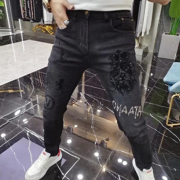 

mens jeans spring jean men european animal fashion brand lion hombre erkek kot pantolon slim small foot pant rhinestones 230809, Blue