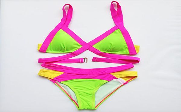 

neon bandage bikini set colorful patchwork swimsuit woman triangle swimwear women push up bikinis 2018 mujer bathing suit y194182845, White;black
