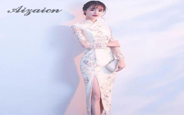 

high split qipao long chinese traditional wedding dress lace modern cheongsam oriental style dresses summer women flowers eth6956699, Red