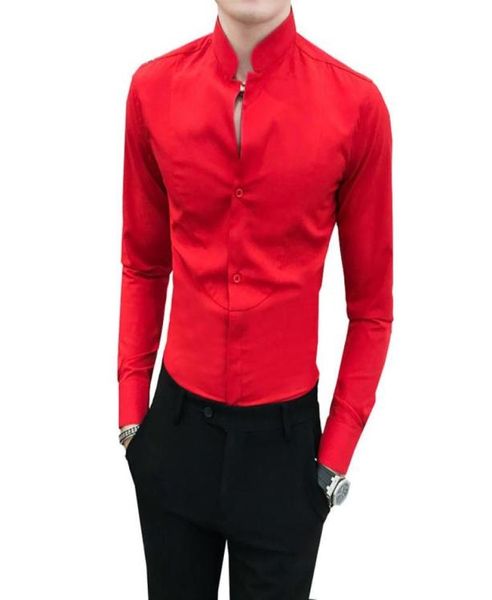 

mens casual red shirt long sleeve simple social vneck shirts men slim fit stand collar night club tuxedo gentlemen men039s7263041, White;black