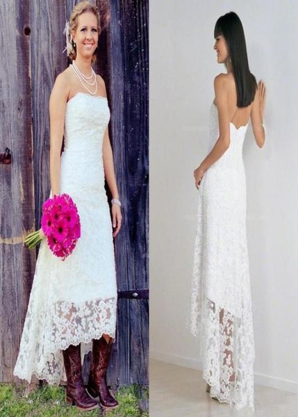 

fashionable high low wedding dresses vintage lace strapless garden cowgirl country lace short beach wedding bridal gowns5618960, White