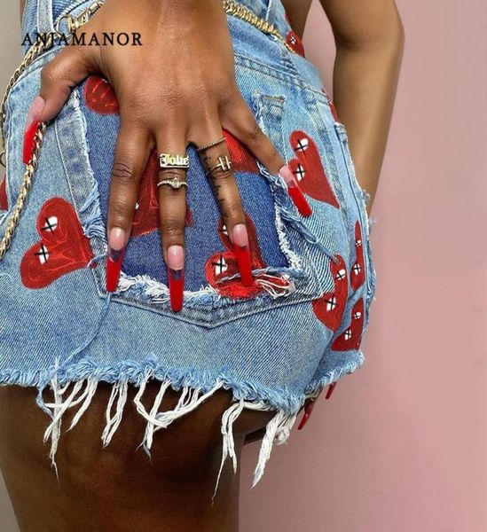 

women039s shorts anjamanor heart print booty ripped high waisted jeans woman waist denim trousers streetwear women d87de25105514, White;black