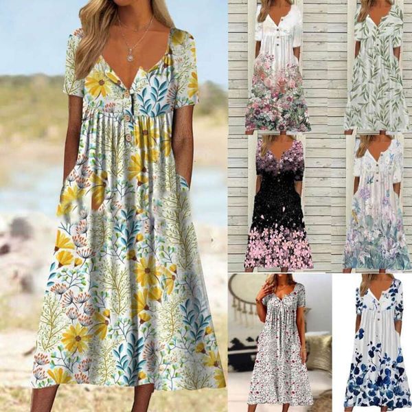 

spring fashion print v neck button short sleeved dress womens pocket, Black;gray