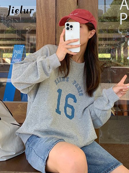 

womens hoodies sweatshirts jielur autumn color contrast slim women casual simple basic female white light grey loose street 230809, Black