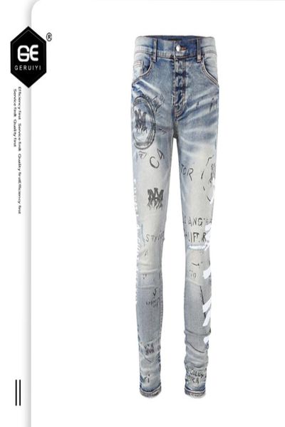 

european and american mens jeans personality trend brand paint particles denim feet fashion slim straight long pants trend4533479, Blue