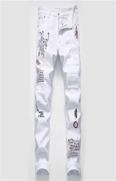 

new men streetwear personality ripped printed white skinny jeans hip hop punk casual motorcycle stretch denim jeans trousers x06219024556, Blue