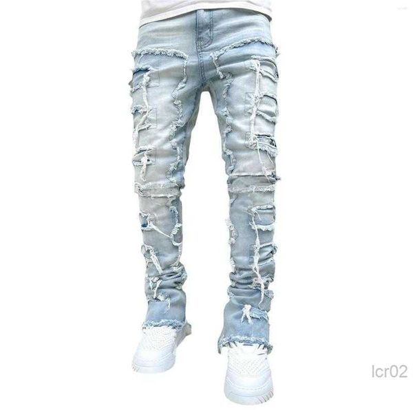 

men's jeans regular fit stacked patch distressed destroyed straight denim pants streetwear clothes casual jean, Blue