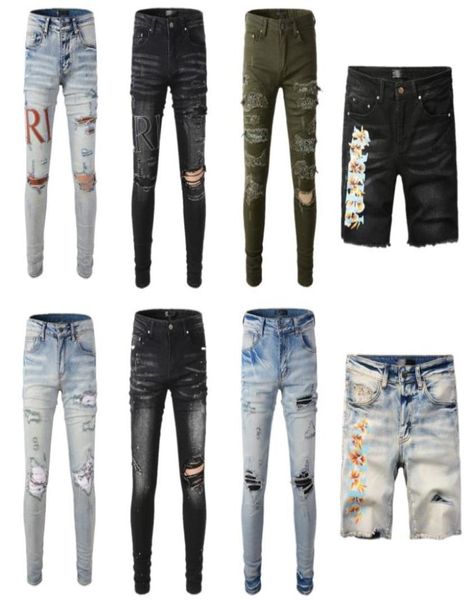 

men skinny jeans designer jeans ripped holes motorcycle biker patch splice fashion famous printing denim shorts pants6909859, Blue