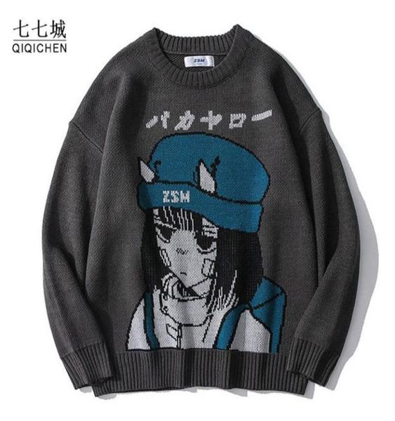 

knitted sweater men anime cartoons girl hip hop streetwear sweater vintage pullover women spring autumn japanese harajuku 1319973, White;black