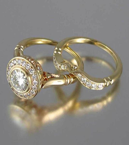 

golden color 2pcs bridal ring sets romantic proposal wedding rings women trendy round stone setting whole6910541, Silver