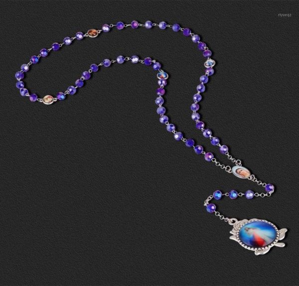 

pendant necklaces rose christ jesus catholic paternosters rosary necklace long blue glass prayer beads chain religious communion j9303042, Silver