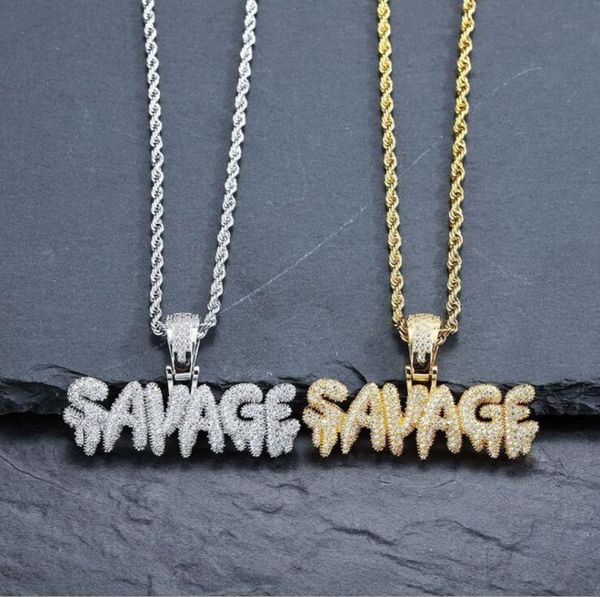 

men hip hop letter necklace brass gold color iced out chains micro pave cuban cubic zircon savage pendant necklace charm for men g1039240, Silver