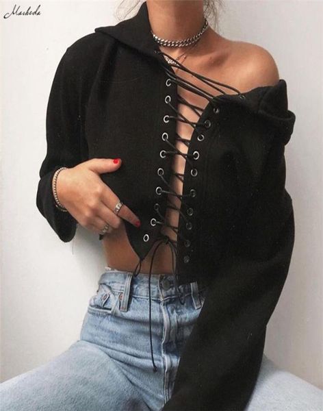 

macheda fashion hoodie sweatshirt long sleeve front lace up sweatshirt women casual looes cropped hoodies for women solid 021587, Black