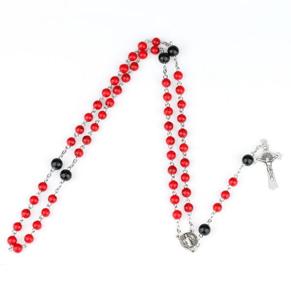 

catholic jewelry long glass beads rosary necklace red01233594527, Silver