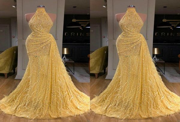 

yellow 2020 prom dresses high neck sequined a line beaded evening dresses luxury feather formal party pageant gowns5464988, Black