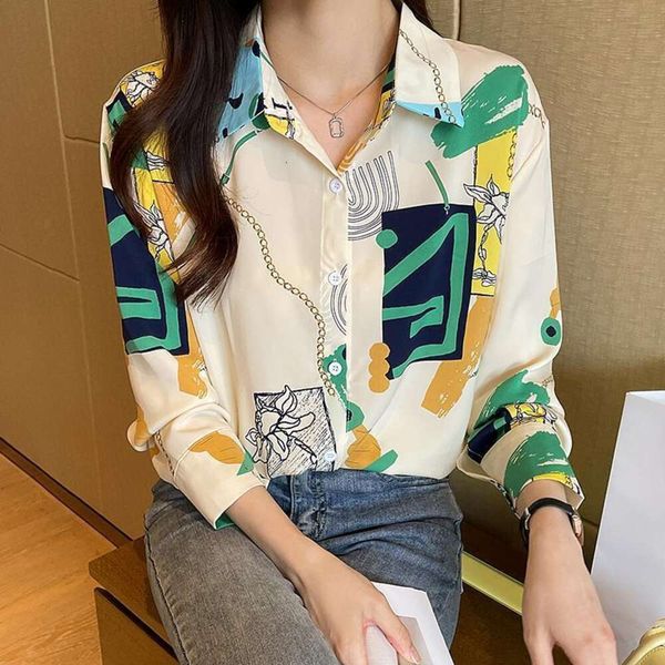 

early autumn style draping chiffon printed shirt for women western long sleeved large size all kinds, White