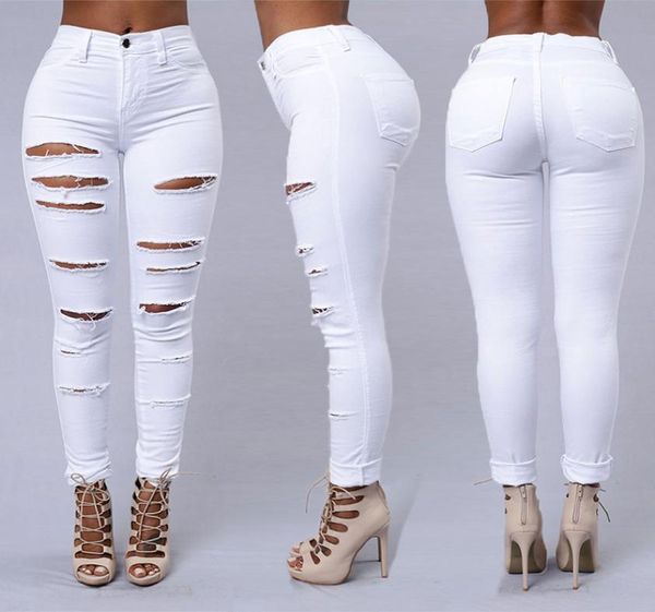 

trousers women jeans spring casual hole tear pocket slender elasticity high waist tight calf pants ych6296879, Blue