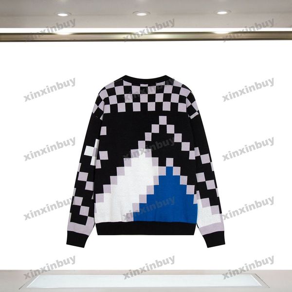 

xinxinbuy men women designer sweatshirt hoodie plaid letter jacquard fabric sweater gray blue black white m-3xl, Black;brown