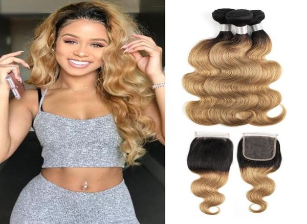 

brazilian ombre blonde body wave hair bundles with closure color 1b27 3 bundles with 4x4 lace closure unprocessed remy human hair 2899981, Black;brown