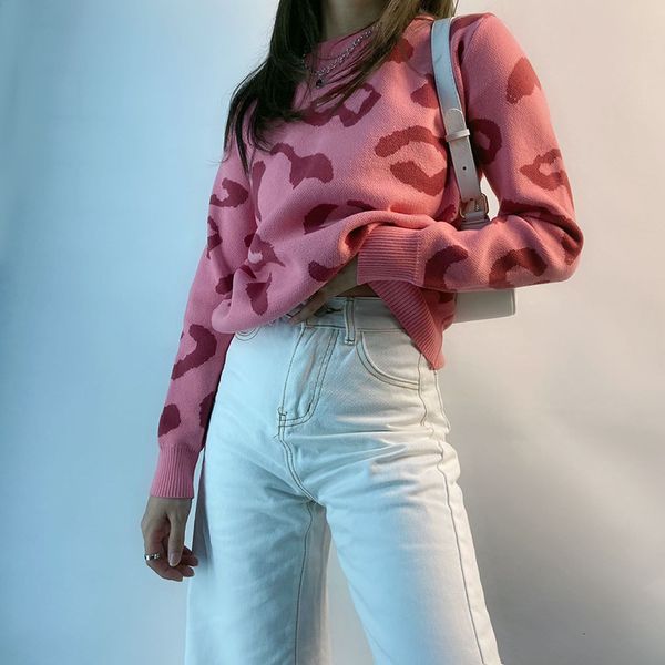 

women's sweaters women's autumn fashion casual adults long sleeve round neck knit female clothingpink sweater leopard print pullov, White;black