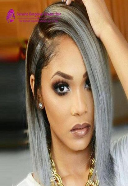 

ombre 1b grey bob wig pre plucked hairline straight lace front human hair wigs with baby hair 816 inch brazilian hair10795114033559, Black;brown