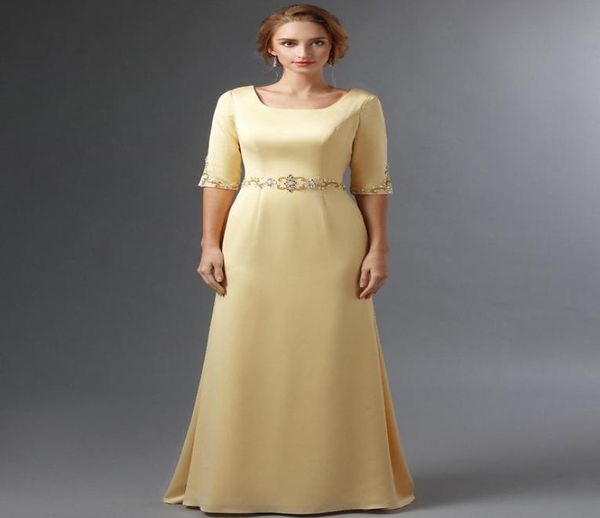 

yellow satin long modest bridesmaid dresses with half sleeves square neck beaded waist mother bridesmaid dress elegant new real ph6738266, White;pink