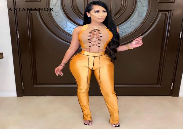 

anjamanor hollow out lace up crop and flare pants two piece set women party club outfits matching sets d16ci31 x09243635272, Gray
