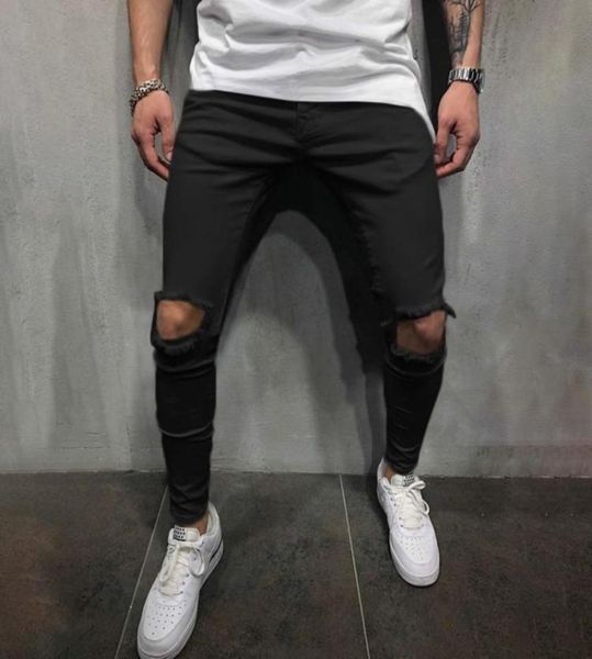 

men039s jeans pants with small feet fashion personalized knee holes washed casual trousers6291852, Blue