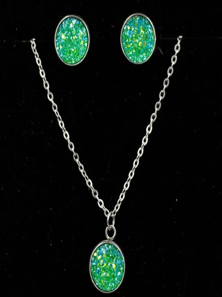 

crystal diamond druzy drusy necklace earrings sets stainless steel chain necklace for women fashion wedding jewelry sets gift drop7457812, Silver