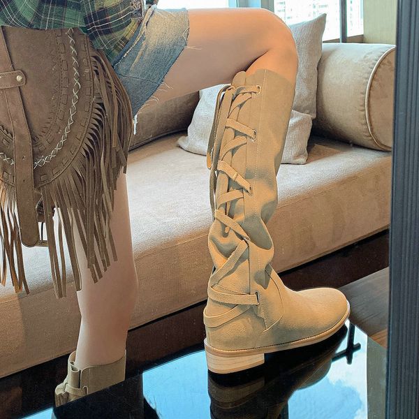 

boots genuine cow suede soft leather khaki color round toe bohemian cowgirls shoes back lace up cross tied gothic knee high 230810, Black