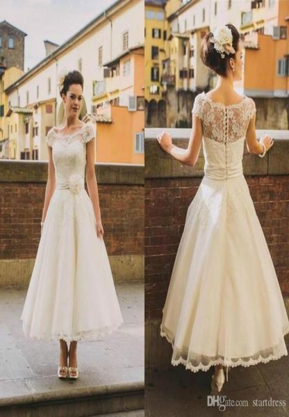 

vintage tea length wedding dress boho ivory cap sleeve bohemian wedding dress lace sheer neck flower sash plus size wedding 2498967, White