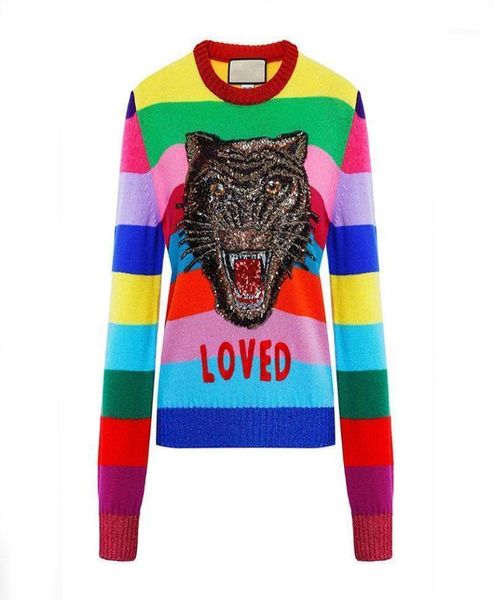 

women039s sweaters runway design tiger sequins women sweater 2021 winter long sleeve female rainbow striped knitted pullovers e5405810, White;black