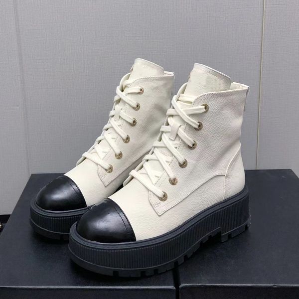 

fashionable lace up boots women thick sole short boot genuine leather two tone panel designer martin boots casual classic flat bottom knight, Black