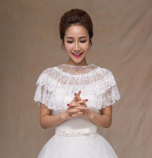 

attractive two layers lace capes bridal accessories jackets red beaded neck shiny wedding wraps bolero blanco5282043, White