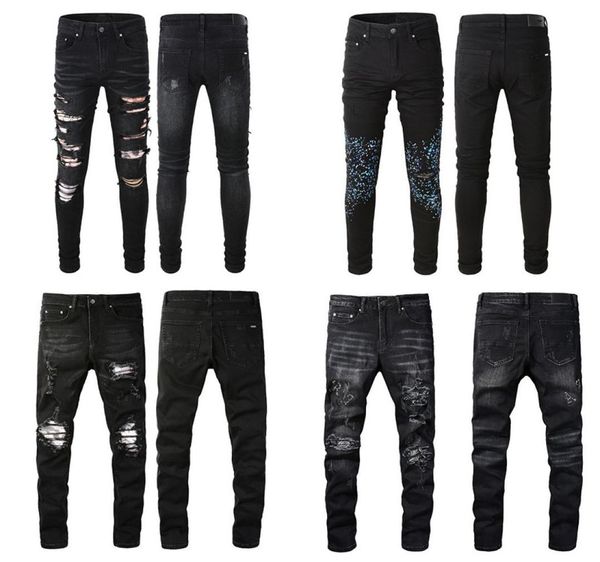 

black ripped designer jeans skinny mens fit distressed torn for man rip pants damaged patchwork long zipper distress destroyed den9622151, Blue