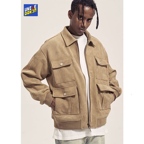 

mens jackets double zip faux suede jacket fourpocket vintage for men solid color streetwear korean fashion coat winter 230810, Black;brown