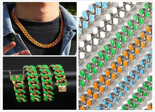 

new 12mm 8 colors new fashion gold colorful enamel cuban link chain mens personalized choker necklace hip hop rapper jewelry gifts7932202, Silver