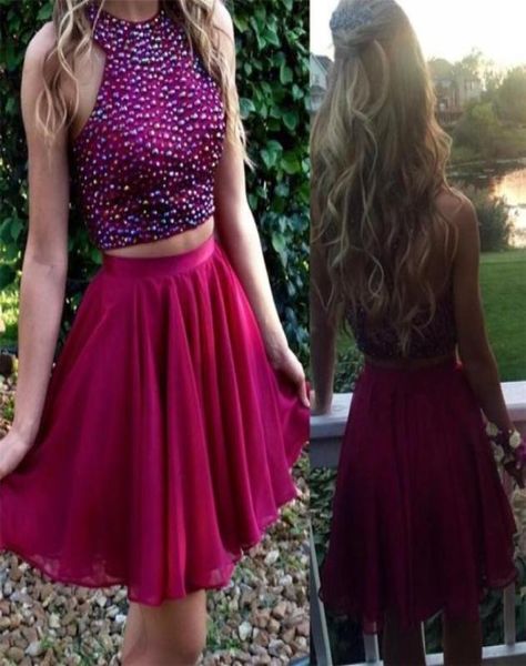 

new arrival 2017 two pieces homecoming dresses a line halter beaded crystals purple tulle mini cocktail graduation gowns for junio3122806, Blue;pink