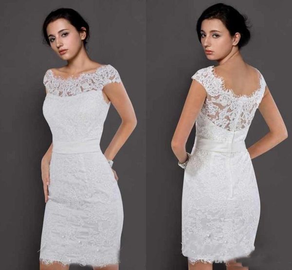 

elegant applique lace short wedding dresses sheath capped sleeves scoop neck garden white bridal reception gowns 356639