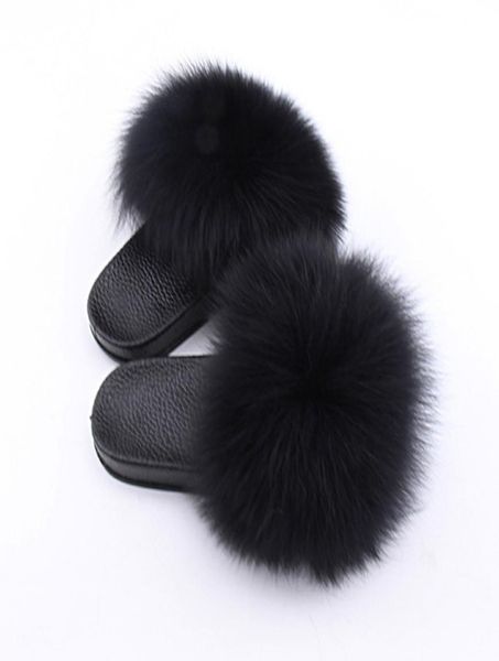 

kids real fox hair slippers 2019 casual plush furry real fur slippers boys slides summer shoes girls flip flops child sandals y2006940787, Black;grey