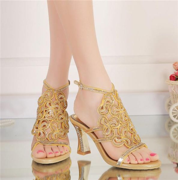 

plus size 44 bling bling gold rhinestone shoes summer open toe chunky heel wedding shoes ankle strappy party prom dancing heels2585159, Black