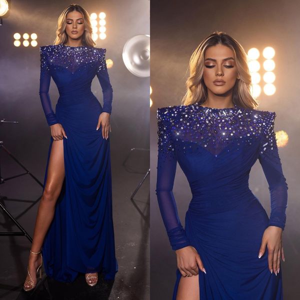 

royal blue evening dresses jewel sequins shoulder formal party prom dress long sleeves slit fashion dresses for special occasions, Black;red