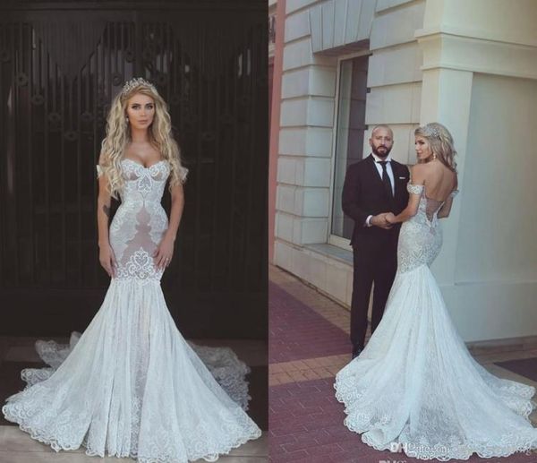 

2019 full lace wedding dress mermaid off the shoulder long garden country church bride bridal gown custom made plus size8846513, White