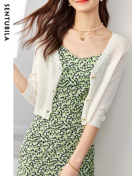 

women's knits tees sentubila cropped knit cardigans for women 2023 summer hollow knitwear vneck comfortable three quarter sleeve sweate, White
