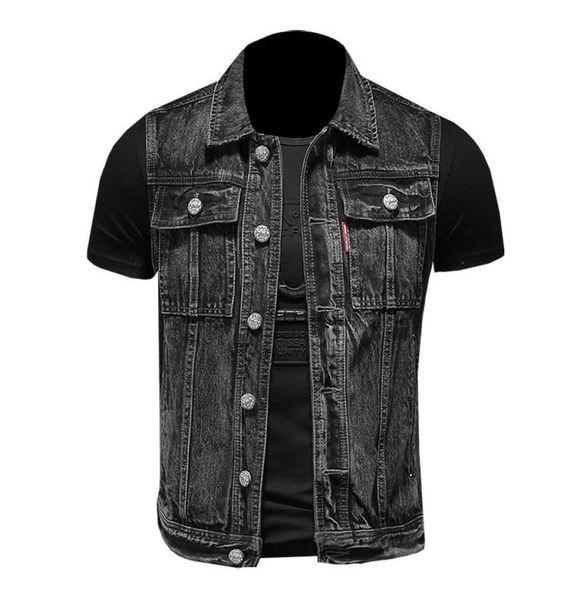 

men039s vests s5xl denim vest men sleeveless jacket casual jeans coat ripped slim fit male waistcoat turndown collar streetwe6193228, Black;white